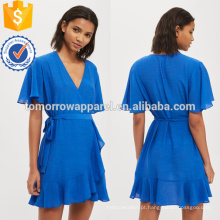 Azul linho ruffle envoltório vestido OEM / ODM fabricação atacado moda feminina vestuário (tad711d)